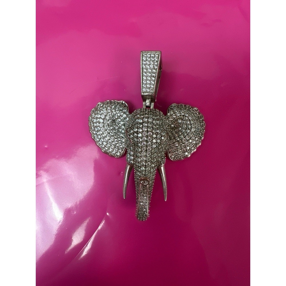 Hip Hop Iced Out Elephant Pendant Silver Tone Clear CZ Rhinestone Charm 2.5"